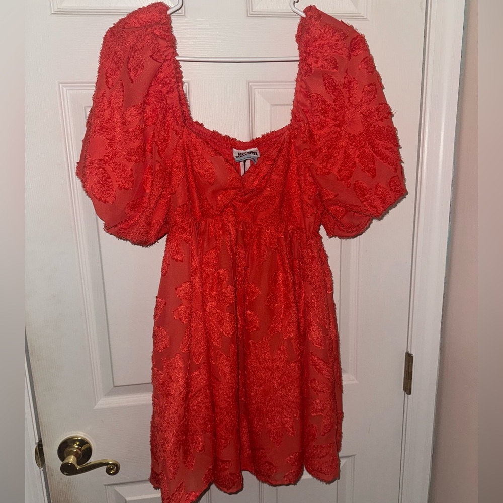 Orange Textured Puff Sleeve Dress